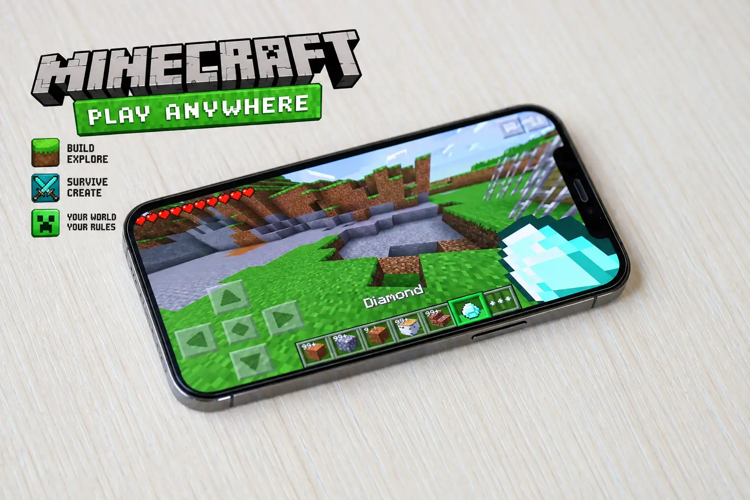 Minecraft gameplay displayed on a smartphone with a diamond sword selected and a green block-world environment.